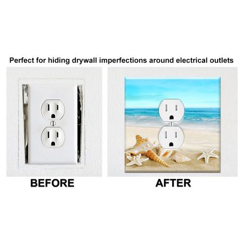 JUMBO Metal Outlet Cover, 2 Gang Oversize Electrical Outlet Cover Plate (for 1 Centered Device), Wall Plate Cover for Duplex Outlets - UL Listed, 5.5" x 5.5" - Made in USA - Seashells on the Beach