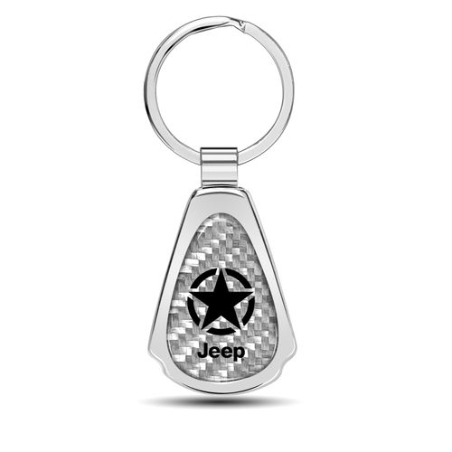 iPick Image for Jeep Willys Star Logo Real Silver Carbon Fiber Chrome Metal Teardrop Key Chain Keychain, Official Licensed