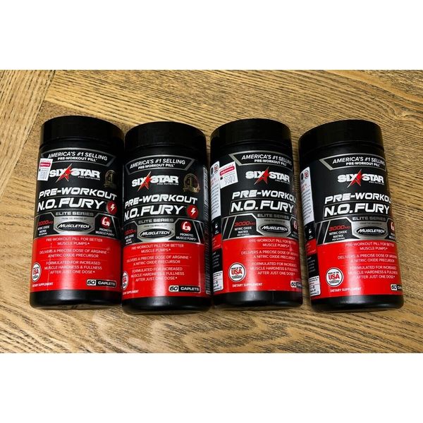 Six Star Pre-Workout N.O. Fury Elite Serie Lot Of 4 / 60 Caplets New Exp 05/2025