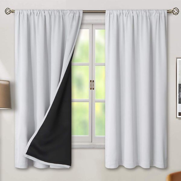 BGment Thermal Insulated 100% Blackout Curtains for Bedroom with Black Liner, Double Layer Full Room Darkening Noise Reducing Rod Pocket Curtain ( 52 x 63 Inch, Greyish White, 2 Panels )