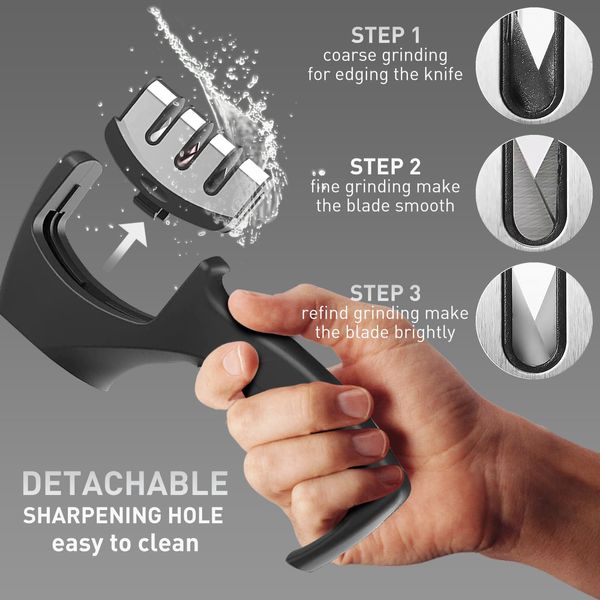 Knife Sharpener UK - Knife Sharpening - Professional 3 Stage Manual Sharpener for Kitchen Knives with Ergonomic Design - Premium Quality - Black