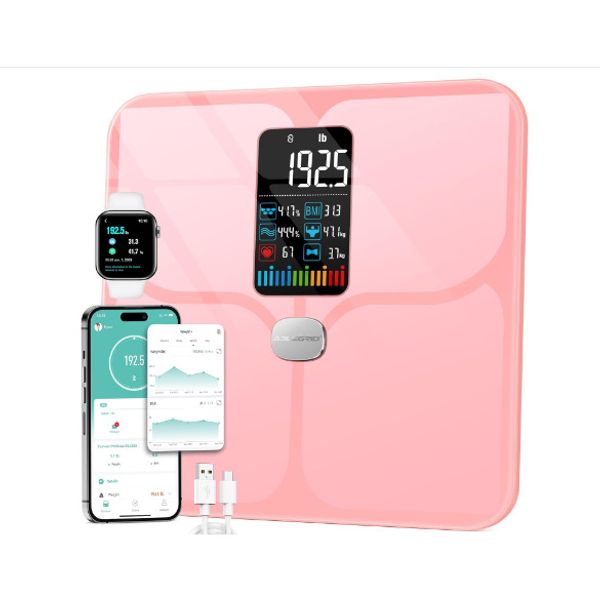 ABLEGRID Body Fat Scale, 16 Body Metrics, Large LCD Display, Pink