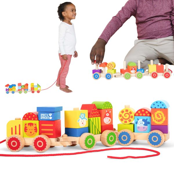 23 Pieces Farm Wooden Train Set for Toddlers 2-4 - Stacking Train Pull Toy Baby Walking Toy - Pull Train Toys for Toddlers 1-3