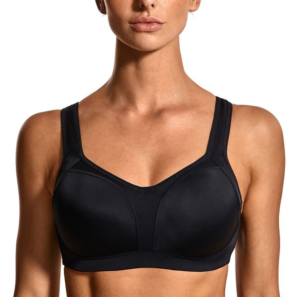 SYROKAN Women's High Impact Underwire Sports Bra High Support Large Bust Padded Adjustable Straps Running Bra Black 36C