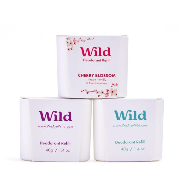 Wild - Natural Refillable Deodorant Variety Pack - Aluminium Free - Scents Include Fresh Cotton & Sea Salt, Cherry Blossom and Coconut & Vanilla Scents - Long Lasting Protection