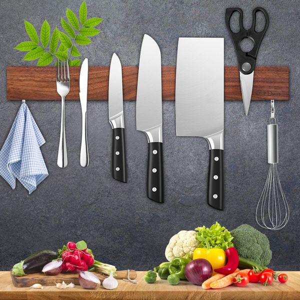 Dmore magnetic knife holder for wall—with 2 hooks, No Drilling 16 Inch Walnut wood knife magnetic strip, Extra Strong Magnet knife rack, include Adhesive Tape and screws for Kitchen