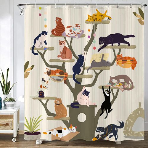 Fowocu Funny Cat Shower Curtain Cute Fun Cartoon Cat Tree Shower Curtains for Bathroom Boho Anime Kittens Kids Modern Farmhouse Waterproof Fabric Bath Curtain Decor 72 X 72 Inches