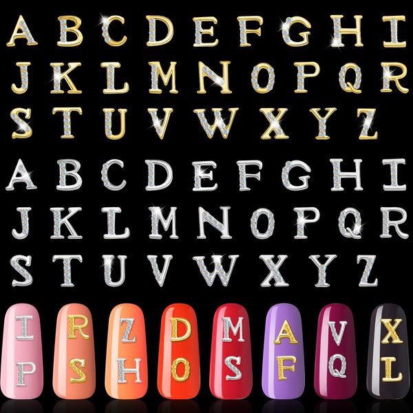 104 Pieces Letter Nail Studs 3D Capital Letters and Rhinestone Crystal Nail Decals English Alphabet Nail Art Decoration for Women Girls DIY Nail Art (Gold, Silver)