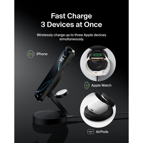 Belkin MagSafe Charger Compatible, 3-in-1 Qi2 Wireless Charging Station 15W, Convertible Wireless Charger for iPhone 16, Apple Watch, AirPods, Portable Phone Stand for Travel w/ 36W Adapter - Black