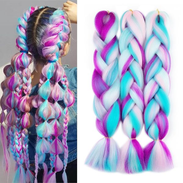 MAYSA Colorful Pre Stretched Braiding Hair Extensions,Rainbow mix Braiding Hair,24inch 3Pcs Synthetic Color Hair for Braiding #Pink-deep purple-blue-green