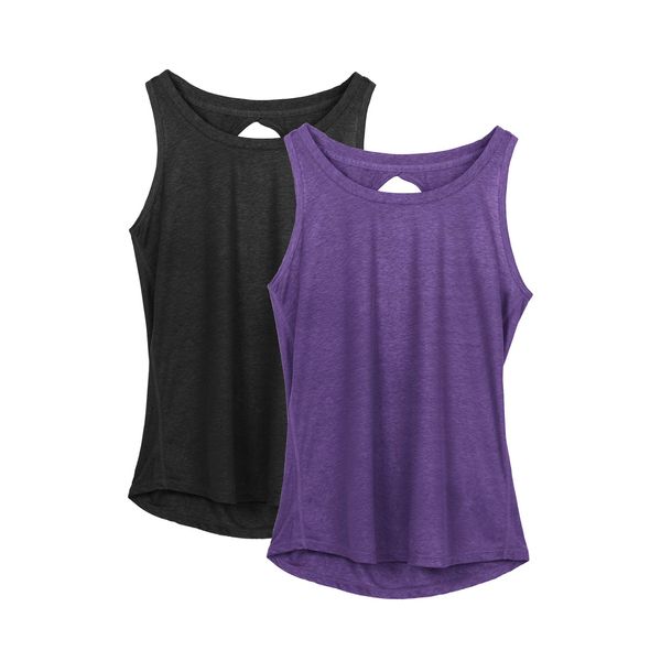 icyzone Damen Sport Top Rückenfrei Fitness Yoga Tank Top Leichte Ärmellos Sommer Casual Shirts, 2er Pack (M, Schwarz/Purple)