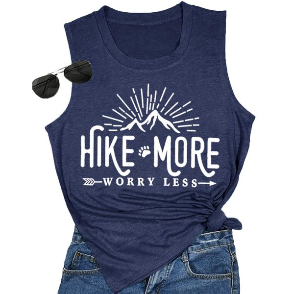 Women Funny Graphic Tanks Hike More Worry Less Workout Camping Hiking Sleeveless Printed Shirts Casual Summer Tops, Navy Blue L