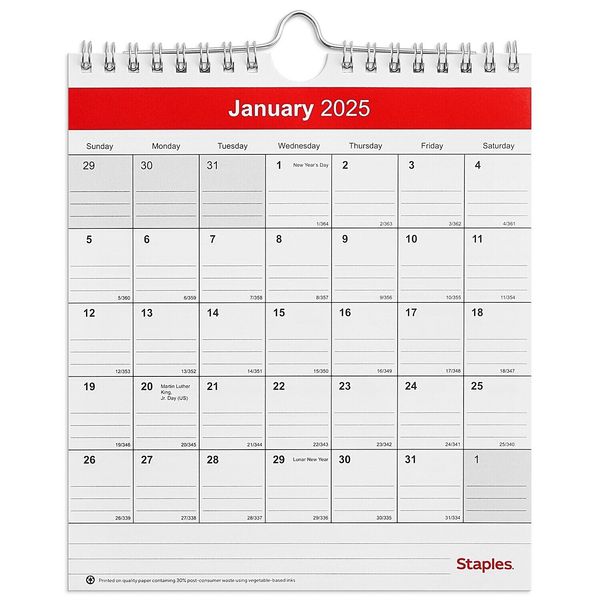 2025 Staples 6" x 7" Wall Calendar Red/White (ST53923-25)