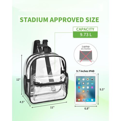 MAY TREE Clear Backpack 12×12×6, Heavy Duty Mini Backpack for Concert Security Festival Sport Work Travel, Water-Resistant Bag Stadium Approved for men and women-Black