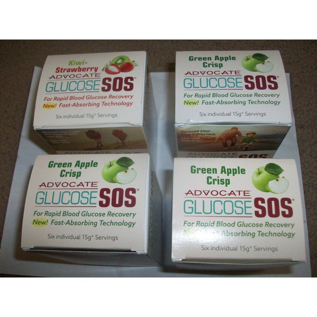 4x new advocate glucose sos apple + kiwi in retail box (4 new box) 24 bags