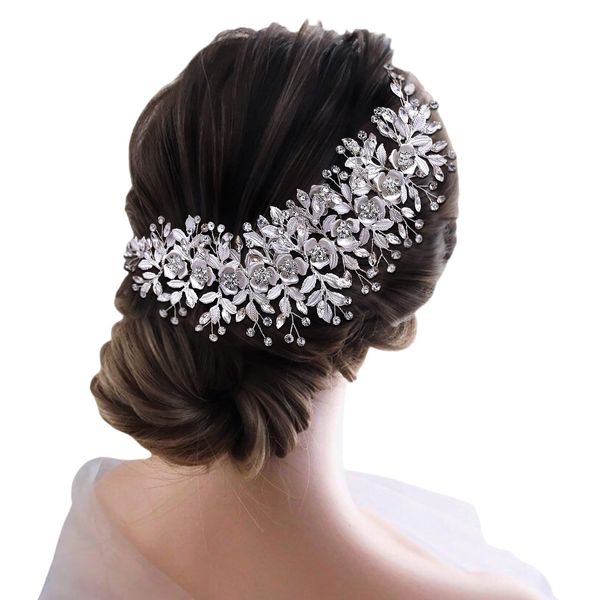 FUILUA Crystal Bridal Headpieces Silver Wedding Hair Accessories Flower-Leaf Bride Headband Rhinestone Hair Pieces for Women