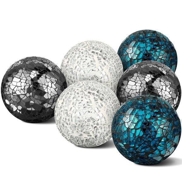 Decorative Ball Set 6.5cm/ 2.5 Inch Mosaic Glass Orbs Sphere Glass Centerpiece Balls Decorative Glass Balls for Bowls Vases Tables Wedding Party (Silver, Turquoise, Black, 6 Pieces)