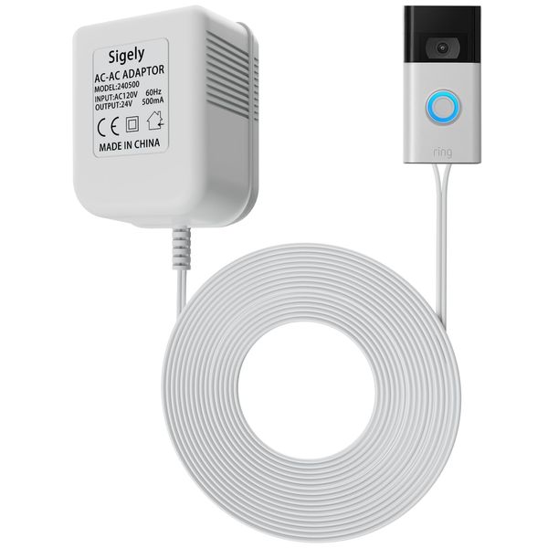 SigeIy Extra Long Cabel Video Doorbell Power 24V500mA Power Adapter AC110-120V to AC24V, Compatible with Ring, Nest, Eufy, Wyze, Arlo Visual Doorbell (with 32.8ft Cable White)