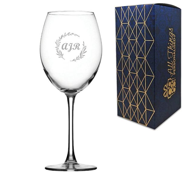 Engraved 19oz Enoteca Wine Glass with Wreath Design - Any Initials