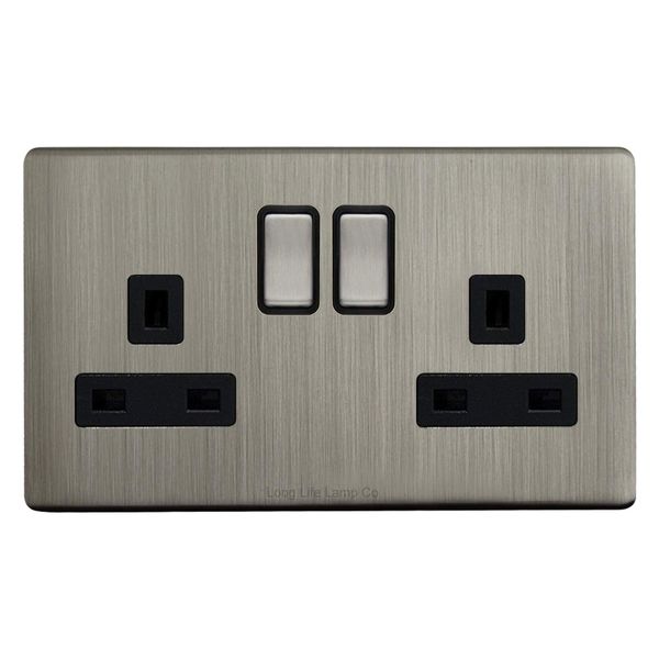 Double Wall Socket Switched Gloss Brushed Chrome 2 Gang Screwless 13a Double Pole N410DME