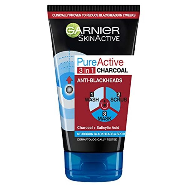 Garnier Pure Active 3-in-1 Charcoal Blackhead Mask Wash Scrub, 150 ml