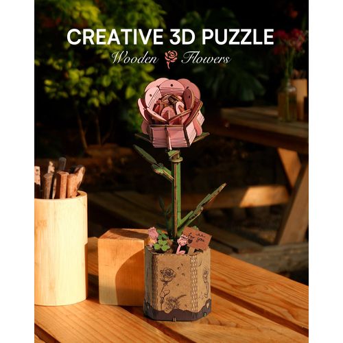 Wowood 3D Flower Wooden Puzzles for Adults-Pink Rose, DIY Wooden Flowers Model Kit Building Set Crafts for Adults to Build, Botanical Collection/Ideal Creative Gift Ideas/Housewarming (104PCS)