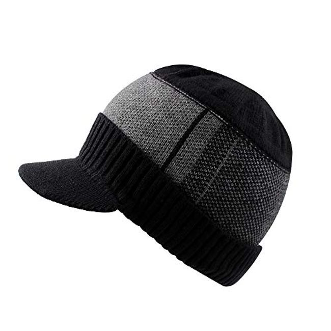 XIAOHAWANG Winter Men Hat Knit Cable Visor Beanie with Fleece Lining Patchwork Stripe Newsboy Cap with Brim for Outdoor Sport (Black)