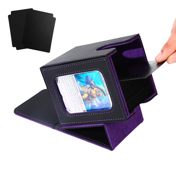 Venssu MTG Deck Box for Commander Display,Card Deck Box Fits 100 Double Sleeved Cards, TCG Card Storage Box with 2 Dividers and 1 Toploader (Black＆Purple)