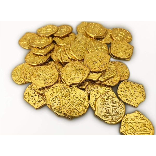 Seven Seas Pirates Toy Metal Shiny Gold Colored Treasure Coins - Plays and Parties - 50 Tokens