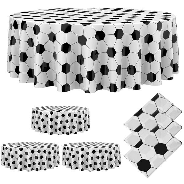 Oudain 6 Pcs Round Soccer Plastic Tablecloth 84 Inch Soccer Party Table Cloth Sports Ball Theme Disposable Table Cover Waterproof Soccer Party Supplies for Boys Birthday Outdoor Kitchen Decorations