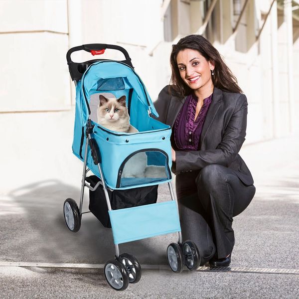 LUCKYERMORE 4 Wheels Foldable Dog Stroller Puppy Carrier Jogging Cup Holder Gift