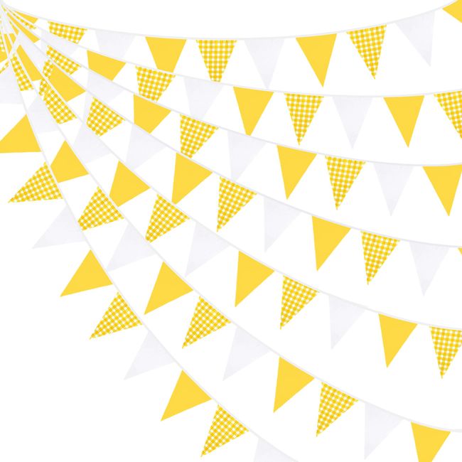 PinkBlume Yellow and White Lattice Triangle Flag, Cloth Garland Banner Party, Decoration, Approx. 32.8 ft (10 m) Long, Yellow-White, Bee, Sunflower, Lemon Theme, Party Pennant Decoration, Outdoor, Flag, Birthday Decoration, 100 Day Celebration, Boys, Girl