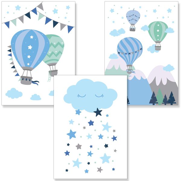 PREMYO Wall Art Prints Nursery Decor - Baby Room Decoration Boy - Kids Poster Set Hot Air Balloon Cloud Blue Picture A4