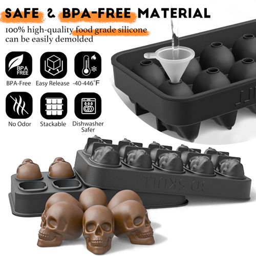 LUSHYUM Skull Ice Cube Mold Tray, 2 Pack BPA-Free Skeleton Head Maker Mold, Flexible & Easy Release 3D Skull Molds for Baking Whiskey Cocktail Chocolate Resin, Ideal Gift for Halloween Party
