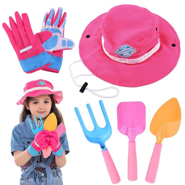 JOYIN 6 PC Kids Gardening Tools, Including Garden Tools Like Gardening Gloves, UV Protection Sun Hat, Shovel, Rake, and Trowel, Kids Backyard Outdoor Toy Play and STEM Learning (Pink)