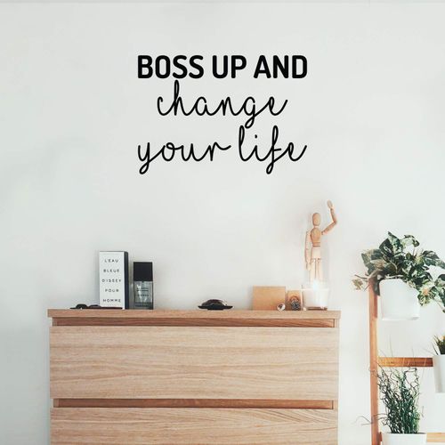 Vinyl Wall Art Decal - Boss Up and Change Your Life - 15.5" x 22" - Modern Inspirational Optimistic Cute Mind Changer Quote Sticker for Bedroom Closet Living Room Office Coffee Shop Decor (Black)