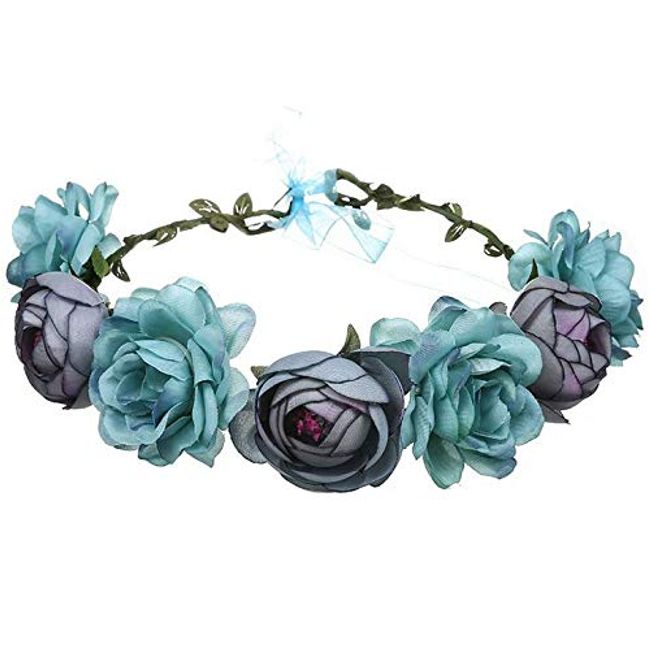 Flower Crown,Floral Garland Headbands Boho Rose Head Band Women Lady Girl Hairband for Hat Ornament Party Festival Beach Travle Bridal Wedding Hair Accessories Bue