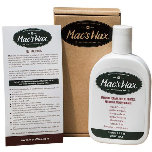 Mac's Wax Multipurpose Liquid Wax, Wooden Furniture Polish, Leather Conditioner, Stainless Cleaner and Surface Restoration Treatment for a Very Wide Variety of Interior and Outdoor Items. 8.5 Ounces