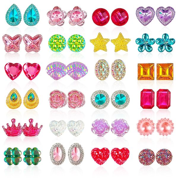 EleMirsa 24 Pairs Clip On Earrings Little Girl Party Favor Princess Clip on Earrings Dress Up Pretend Play Earrings for Little Girl Kids Toddlers Jewelry Set