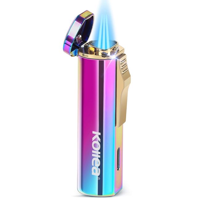 Kollea Torch Lighter, Triple Jet Butane Lighter Refillable Windproof Lighter, Rainbow Pocket Lighter with Adjustable Flame, Great Gift for Men for Birthday, Christmas (Butane Gas Not Included)