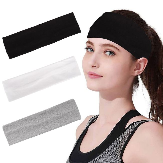 3X Haarband, Yoga Headbands, Haarband Damen und Monsieur, Elastische Haarbänder, rutschfest Haarband Damen, Cotton Haarband, Sport Laufen Exercise Gym Makeup Yoga(Schwarz Weiß Grau, 23.5×5.5cm)