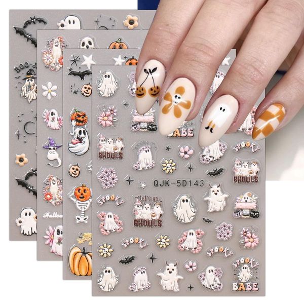 JMEOWIO 3D Halloween Fantasma Carino Adesivi Unghie Nail Art, Stickers Unghie Autoadesivi 5D Decorazioni Unghie Nail Art Disegni 4 Fogli