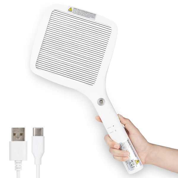 Mafiti Electric Insect Killer Racket, 3,000 V, Powerful Electric, USB, Rechargeable, LED Light, Fly Beat, Insect Repellent, Insect Repellent, Large Insects Easy, Pest Control, Single Layer Design, Eunic Rhombic Design, Can Be Used for Any Insect, White