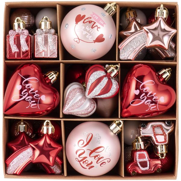 Valery Madelyn 35pcs Christmas Tree Decorations,Shatterproof Red Pink Silver Heart Baubles Hanging for Valentines Day Home,3-6cm