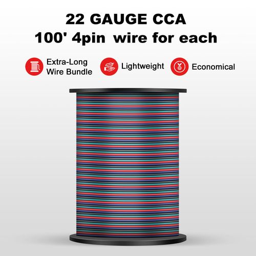VIABRICO 100ft 22AWG 4pin RGB Wire Extension Cable, led Wire 22AWG Copper Clad Aluminum Copper Wire 12V/24V DC Cable, for RGB 3528 5050 Led Strip
