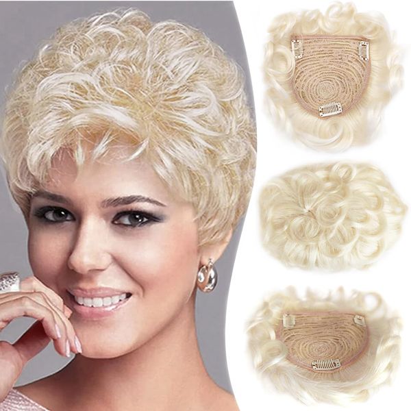 ICRAB Breathable Short Curly Topper Hair Piece for Women with Thinning Hair Real Human Hair,Platinum Blonde Color Natural Layered Short Curly Human Hair Topper Clip in Hairpiece Wiglet