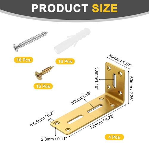 uxcell 4Pcs Adjustable L-Shape Corner Brace, 60 x 120 x 40mm l Corner Brace Slotted Joint Right Angle Bracket with Screws for Fixing Furniture Wood Shelves Cabinet Shelf, Rose Gold