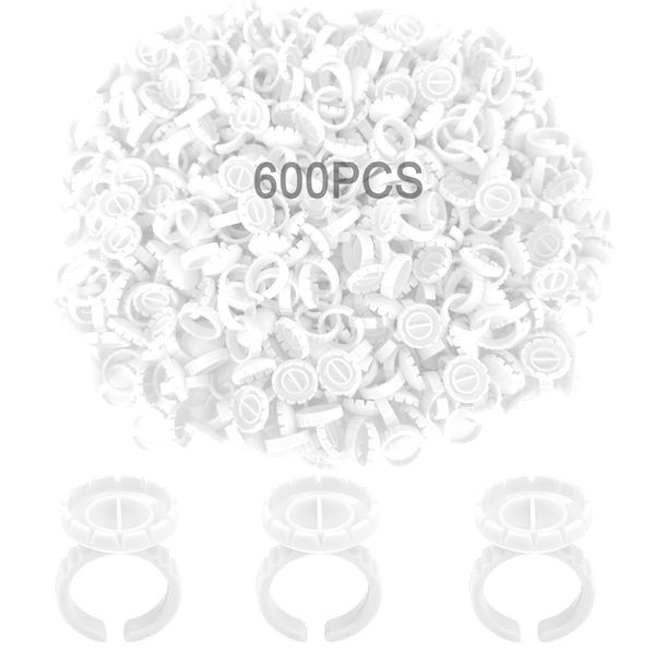 600PCS Glue Rings Lash Rings for Glue, Smart Glue Rings Holder for Eyelash Extensions, Disposable Rings for Lashes, Lovely Shape Lash Fan Blossom Glue Holder Cups for Lash Extension Supplies, White