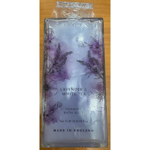 Lavender & White Tea Foaming Bath Soak, Shower Gel, 33.8 fl oz, Made in England. Glass Decanter