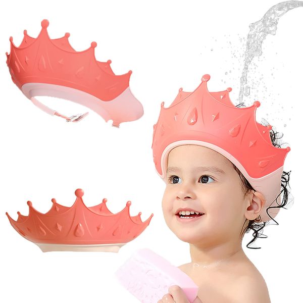 Shower Caps for Kids, KAMHBE Baby Shower Cap Shield Adjustable Crown Hair Washing Shampoo Shield Baby Visor for Eyes, Ears and Face (Red)